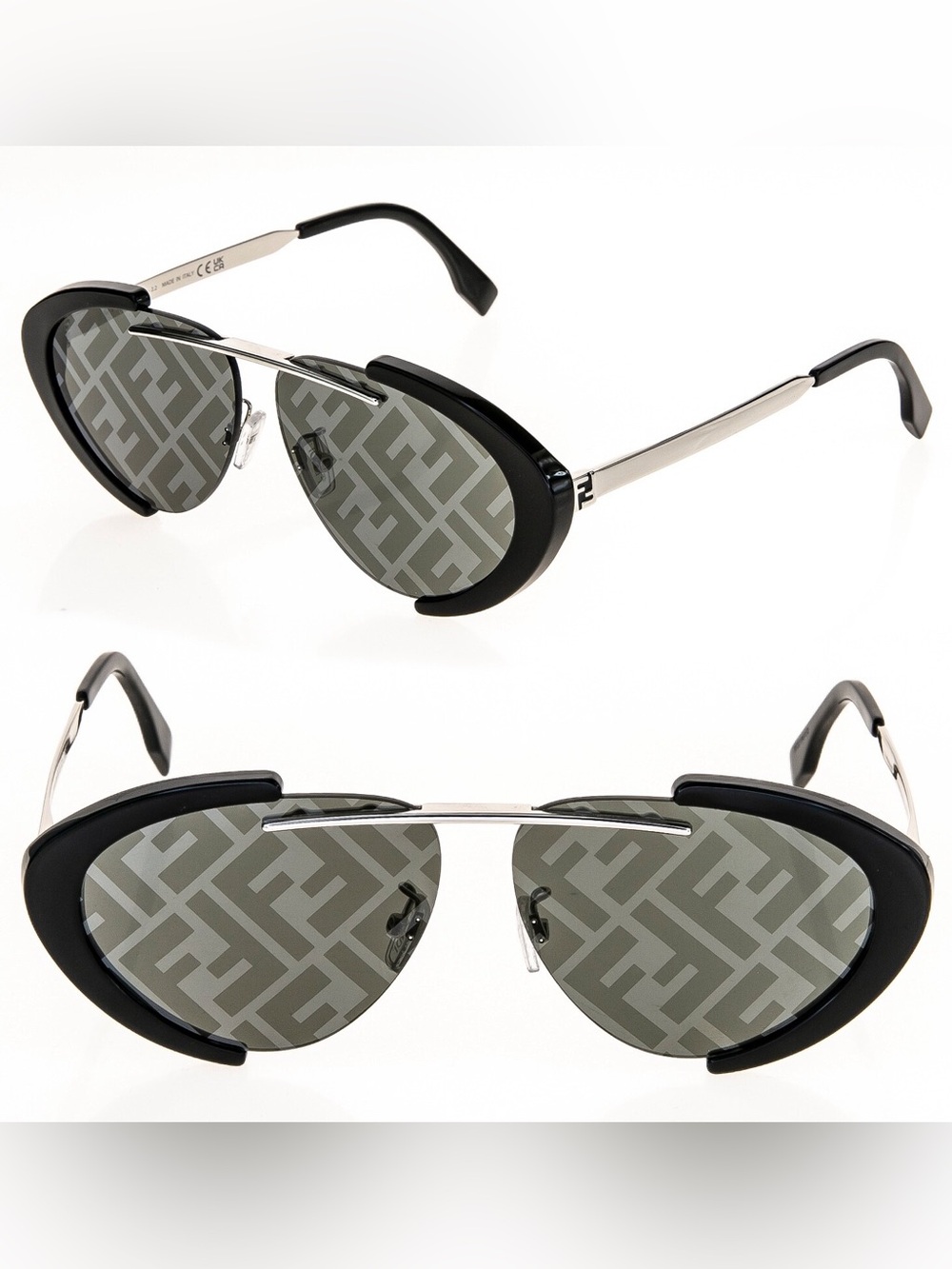Fendi Black and Silver Logo-Pattern Aviator Sunglasses